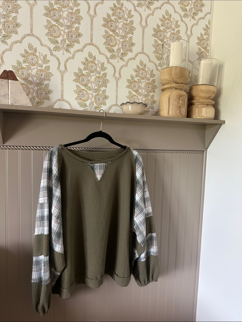 Olive Plaid-Sleeve Women’s Top